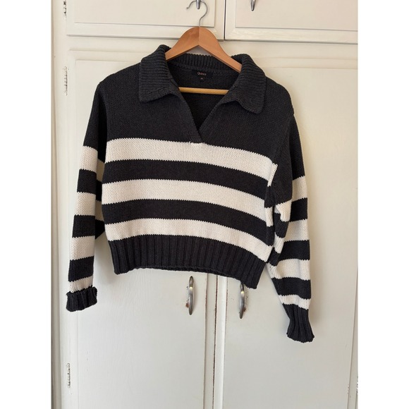 Quince Sweaters - Quince Organic Cotton Striped Polo Sweater Charcoal Ivory XS Cropped V-Neck